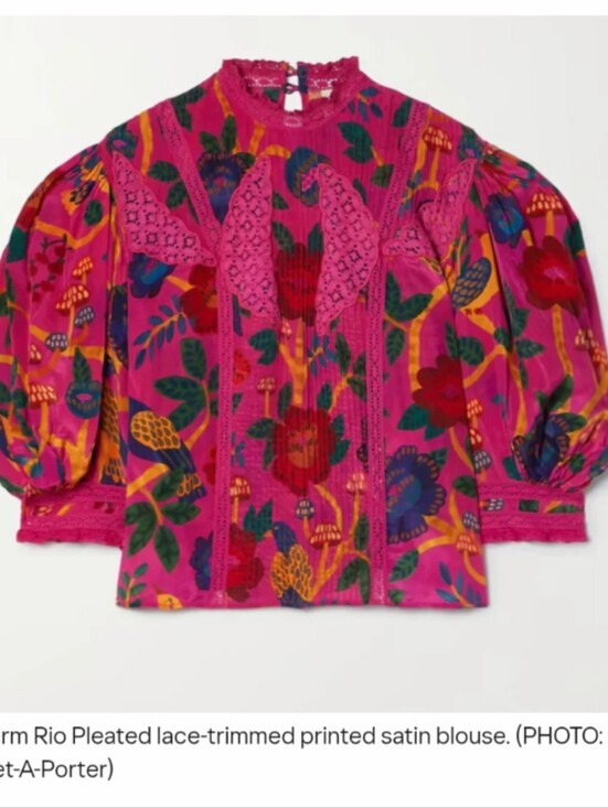 FARM Rio Tops - Farm Rio Deep Fuchsia Floral Lace-Trim Blouse (Floral Yard Blush) XS / S